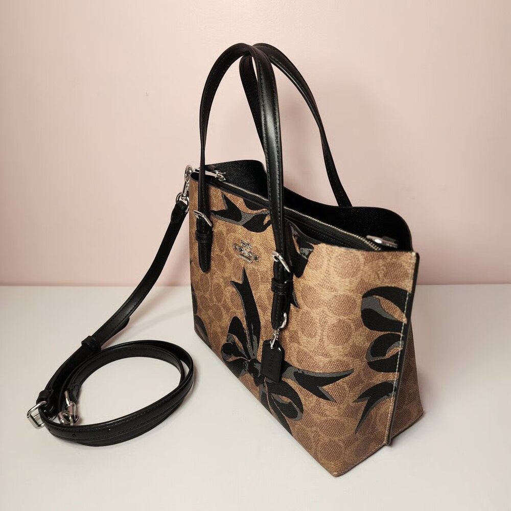 Coach Brown Signature Floral Print Tote with Black Trim - Picture 4 of 7